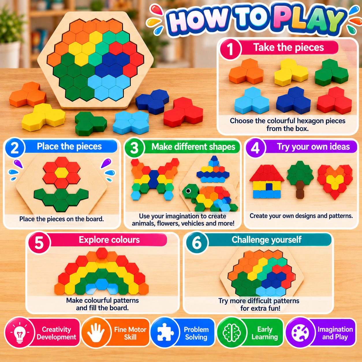 Wooden Heragon Tangram Puzzle - View 3